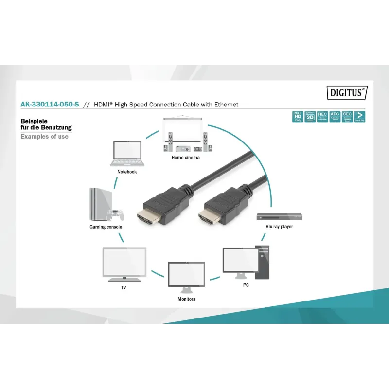Kabel HDMI DIGITUS AK-330114-050-S Highspeed 1.4 z Eth. HDMI A/HDMI A 5m