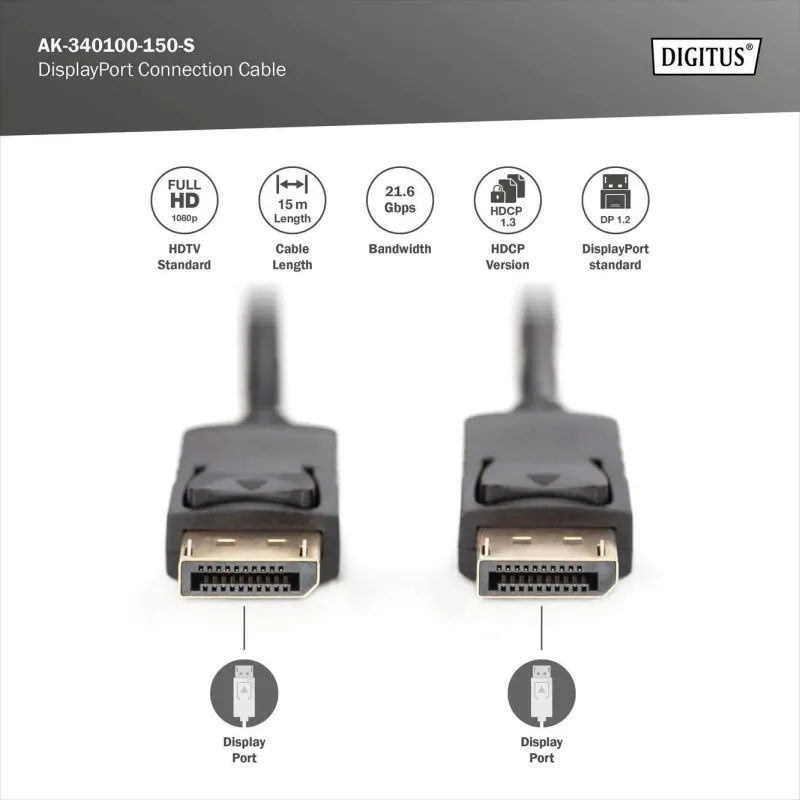 Kabel DisplayPort DIGITUS z zatrzaskami 1080p 60Hz FHD Typ DP/DP M/M czarny