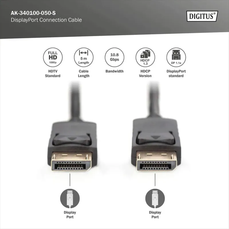 Kabel DisplayPort DIGITUS z zatrzaskami 1080p 60Hz FHD Typ DP/DP M/M czarny