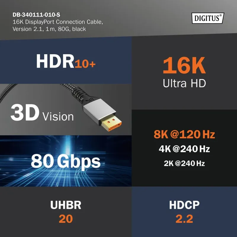 Kabel połączeniowy DIGITUS PREMIUM DisplayPort 2.1 16K60Hz DP/DP M/M czarny