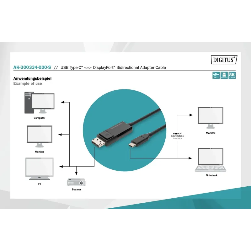 Kabel adapter DIGITUS 8K 30Hz USB Typ C/DisplayPort dwukierunkowy 2m