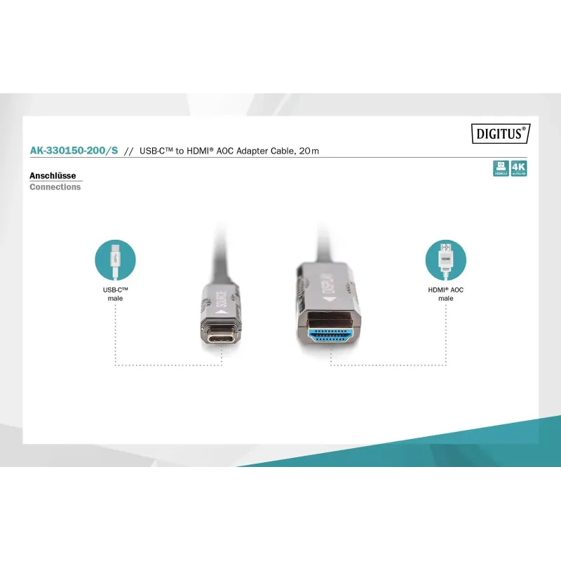 Kabel adapter DIGITUS hybrydowy AOC USB Typ C na HDMI 4K 60Hz 20m