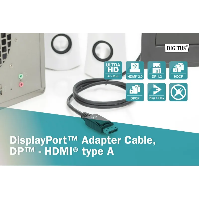 Kabel adapter DIGITUS DisplayPort 1.2 4K 60Hz UHD Typ DP/HDMI A M/M czarny