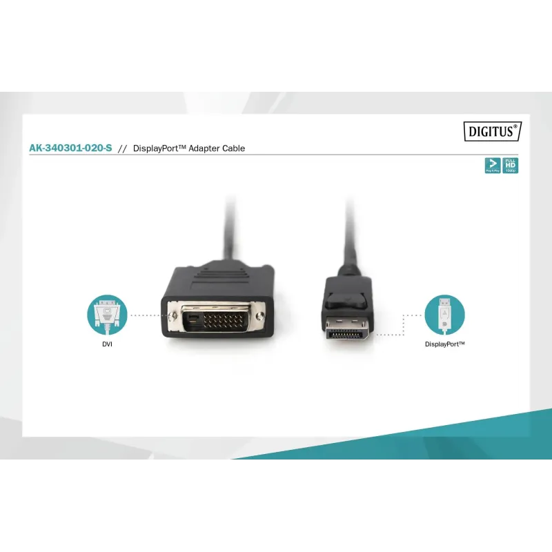 Kabel adapter DIGITUS DisplayPort z zatrzaskiem 1080p 60Hz FHD Typ DP/DVI-D