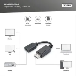 Kabel adapter DIGITUS DisplayPort, DP-HDMI typA, M/Ż 0,15m, DP 1.2