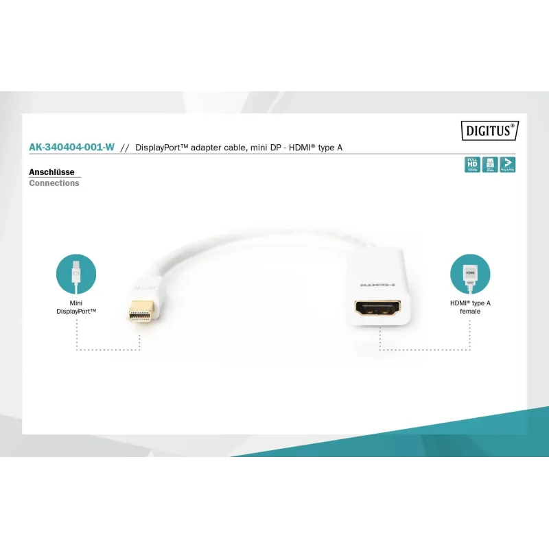 Kabel adapter DIGITUS mini Displayport 1080p 60Hz DP++ / HDMI M/Ż biały