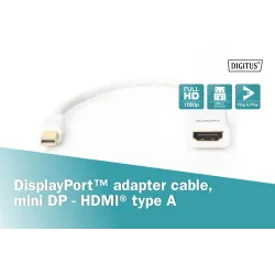 Kabel adapter DIGITUS mini Displayport 1080p 60Hz DP++ / HDMI M/Ż biały