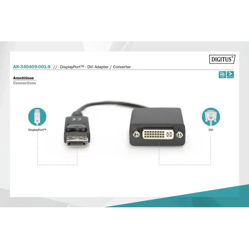 Kabel adapter DIGITUS DisplayPort z Dual Link 1080p 60Hz FHD DP/ DVI-I