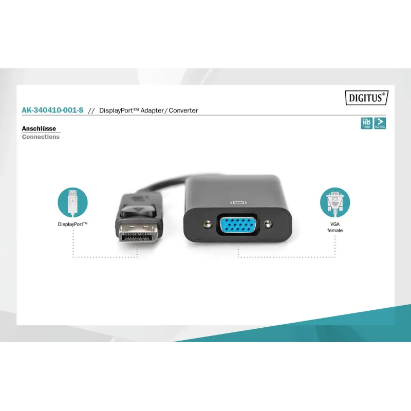 Kabel adapter DIGITUS DisplayPort z zatrzaskiem 1080p 60Hz FHD Typ DP /