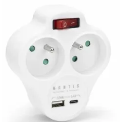Rozgałęźnik sieciowy podwójny z wyłącznikiem + USB-A + USB-C MONTIS