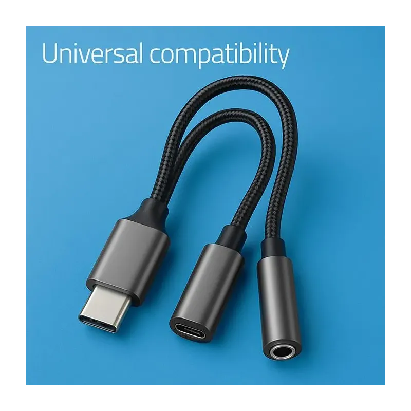 Kabel adapter Qoltec 2w1 USB-C - USB-C + Jack 3.5mm, PD 15W, 0,1m