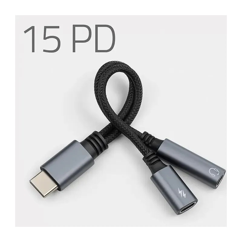 Kabel adapter Qoltec 2w1 USB-C - USB-C + Jack 3.5mm, PD 15W, 0,1m