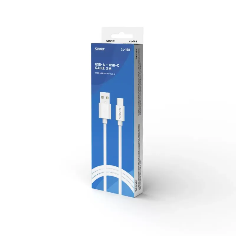 Kabel USB 2.0 SAVIO CL-168 USB A - USB C, 3m, biały