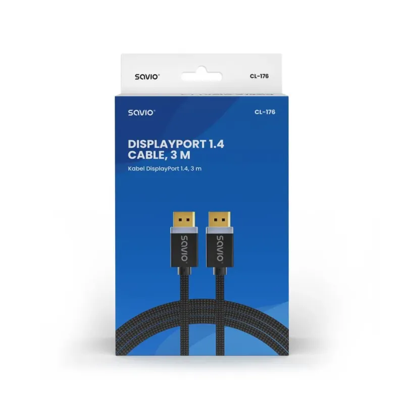 Kabel DisplayPort v1.4 Savio CL-176 (M/M), 8K, 3m, miedź, bawełniany oplot,