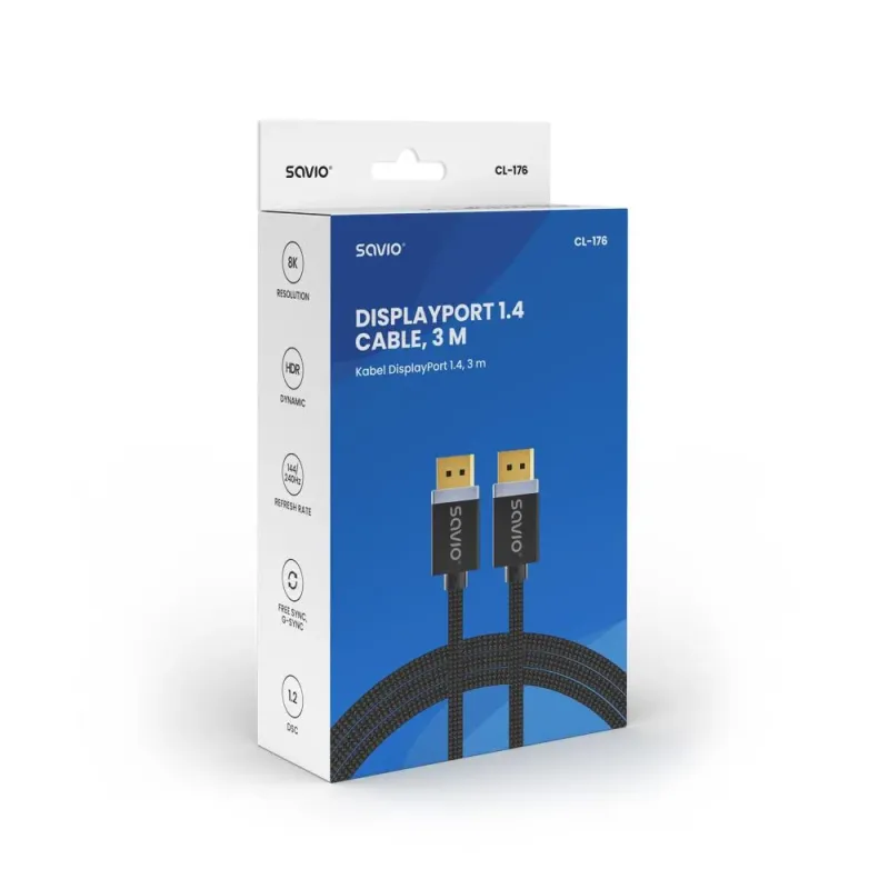 Kabel DisplayPort v1.4 Savio CL-176 (M/M), 8K, 3m, miedź, bawełniany oplot,