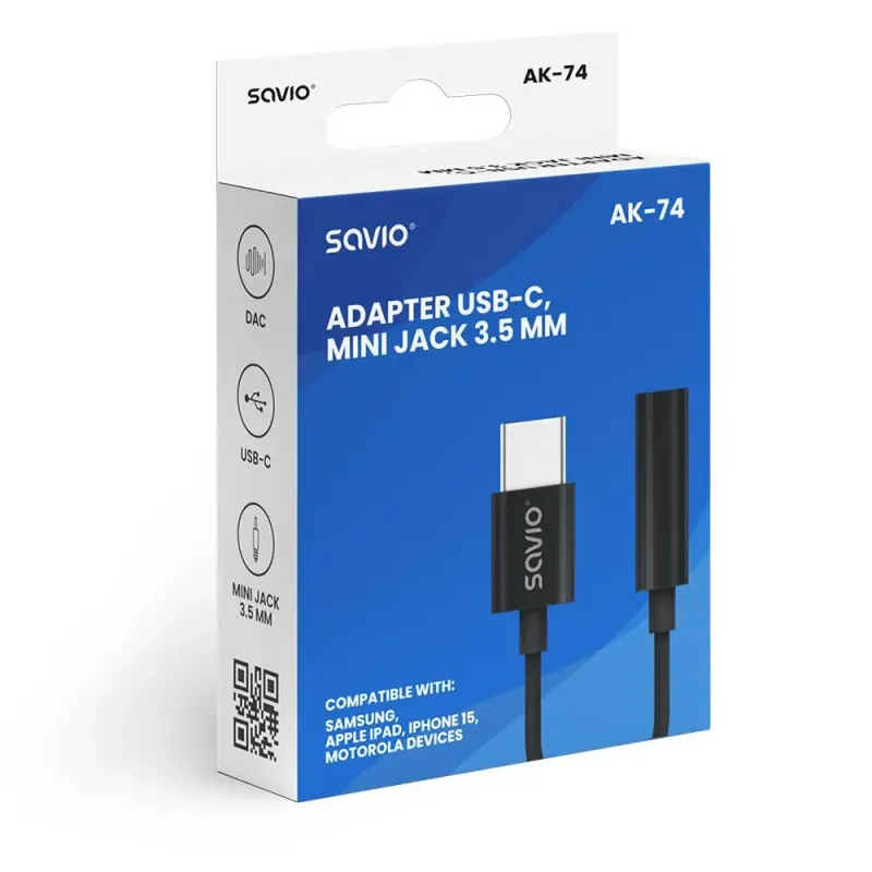 Adapter audio Savio AK-74 USB-C Jack 3,5mm czarny | PartsPC.pl