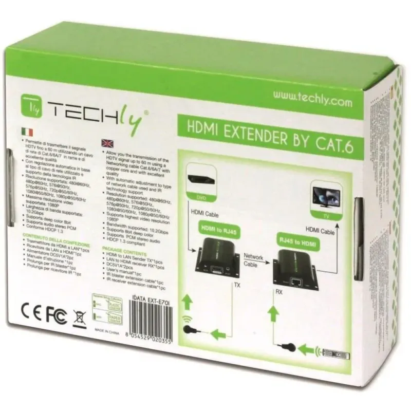 Extender HDMI Techly EXT-E70I po skrętce Cat. 5e/6/6a/7, do 60m, z