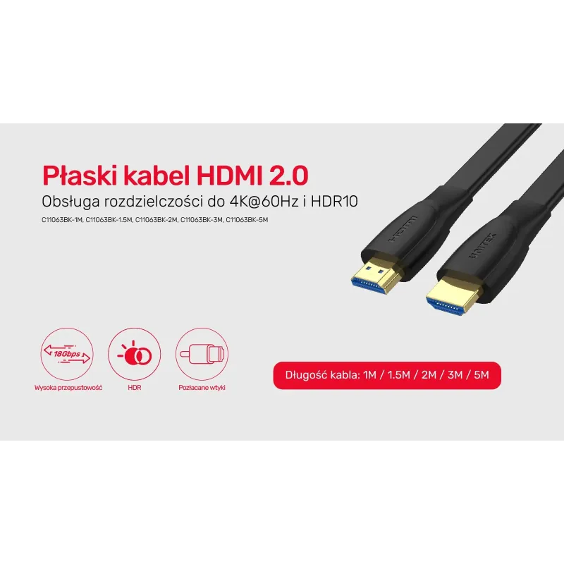 Kabel HDMI Unitek C11063BK-2M High Speed 2.0, 4K 60Hz, płaski, 2m