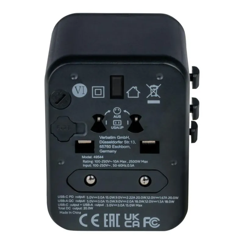 Adapter podróżny Verbatim UTA-02 globalny 1xUSB-C PD 20W, 1xUSB-A QC 18W