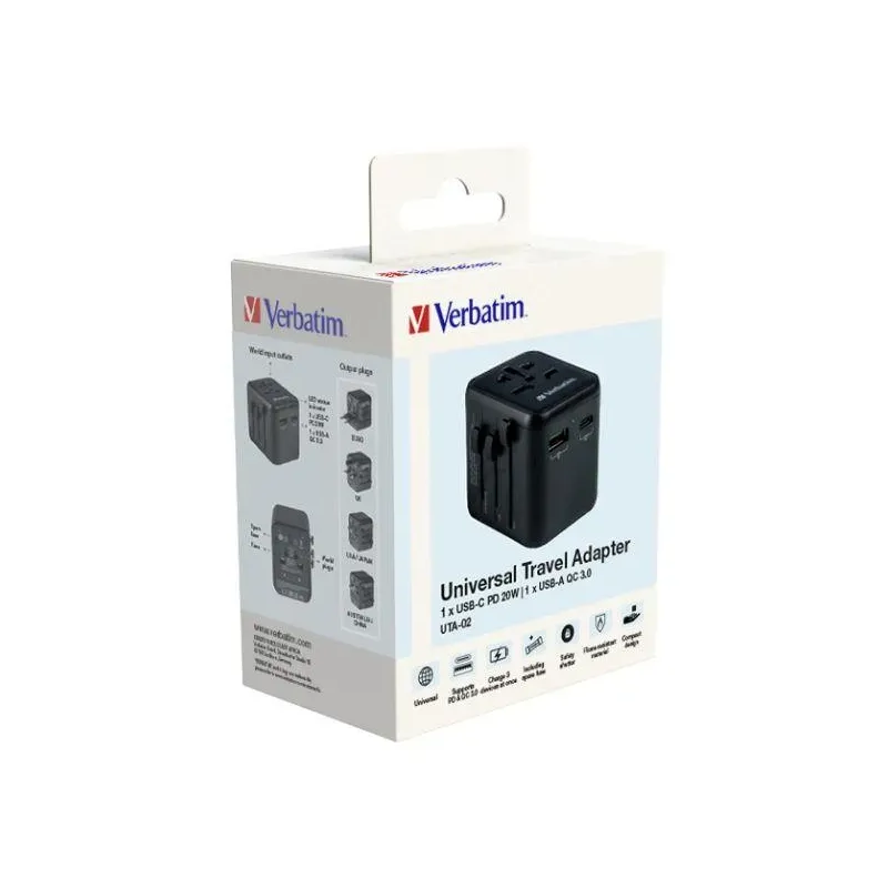 Adapter podróżny Verbatim UTA-02 globalny 1xUSB-C PD 20W, 1xUSB-A QC 18W