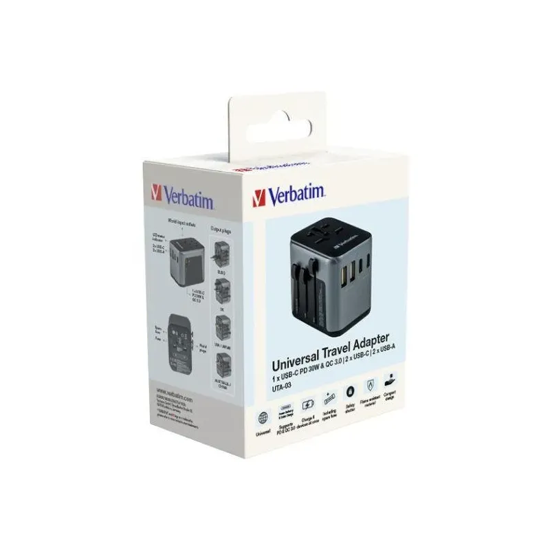 Adapter podróżny Verbatim UTA-03 globalny 1xUSB-C PD 30W QC 18W, 1xUSB-C