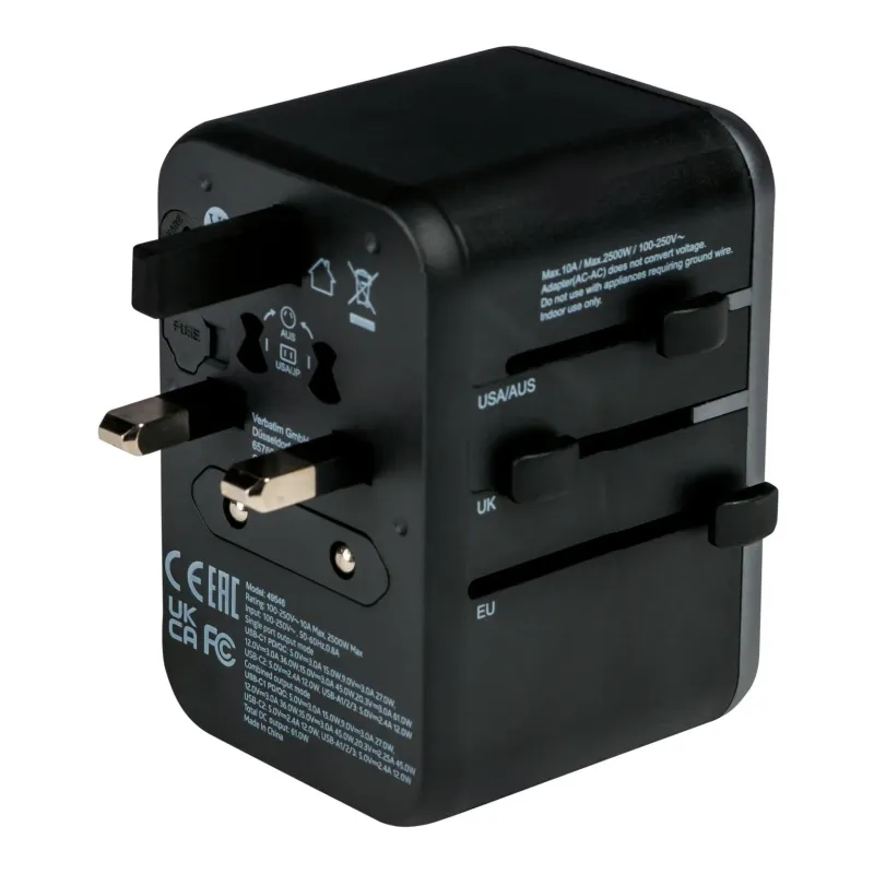 Adapter podróżny Verbatim UTA-04 globalny 1xUSB-C PD 61W QC 18W, 1xUSB-C