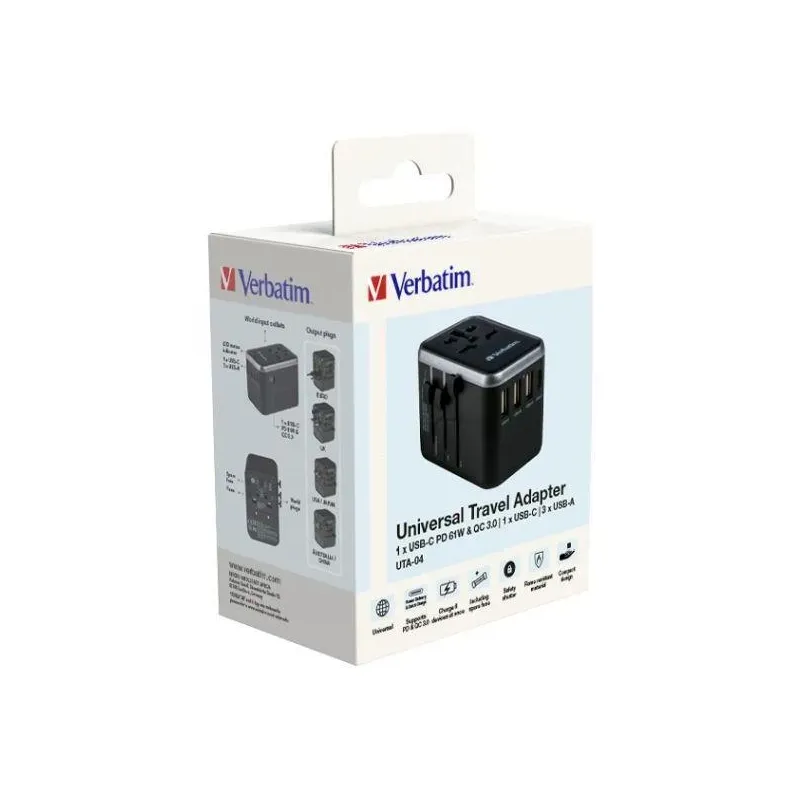 Adapter podróżny Verbatim UTA-04 globalny 1xUSB-C PD 61W QC 18W, 1xUSB-C