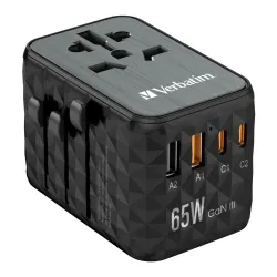 Adapter podróżny Verbatim UTA-05 GaN III globalny 2xUSB-C PD QC 4+ 65W,
