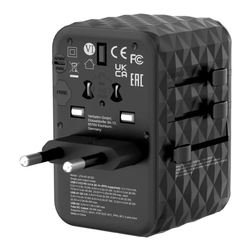 Adapter podróżny Verbatim UTA-05 GaN III globalny 2xUSB-C PD QC 4+ 65W,