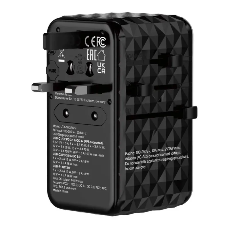 Adapter podróżny Verbatim UTA-10 GaN III globalny 2xUSB-C PD 3.1 QC 4+