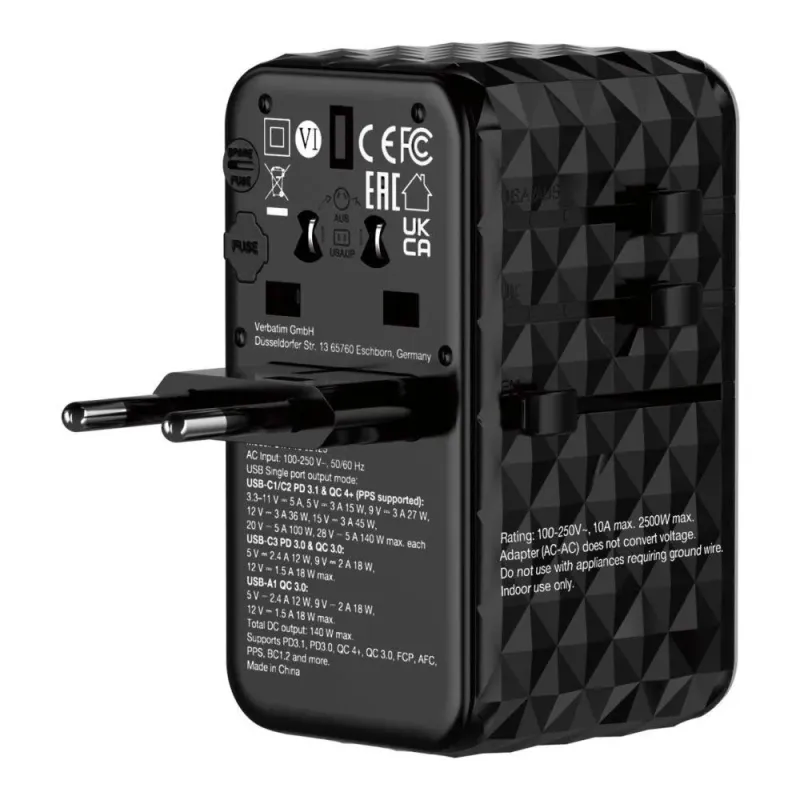 Adapter podróżny Verbatim UTA-10 GaN III globalny 2xUSB-C PD 3.1 QC 4+
