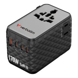 Adapter podróżny Verbatim Charge 'n' Travel GaN III globalny 170W, 2xUSB-C