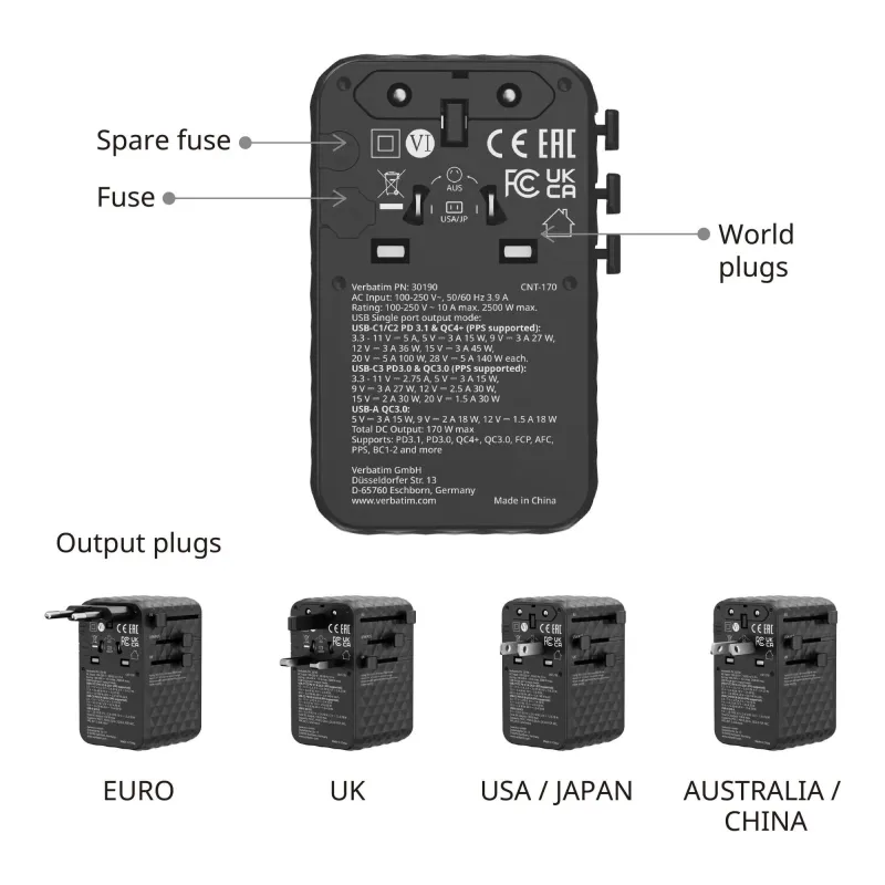 Adapter podróżny Verbatim Charge 'n' Travel GaN III globalny 170W, 2xUSB-C