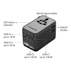 Adapter podróżny Verbatim Charge 'n' Travel GaN III globalny 170W, 2xUSB-C
