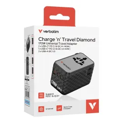 Adapter podróżny Verbatim Charge 'n' Travel GaN III globalny 170W, 2xUSB-C