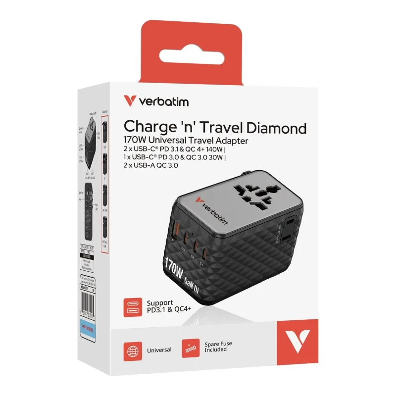 Adapter podróżny Verbatim Charge 'n' Travel GaN III globalny 170W, 2xUSB-C