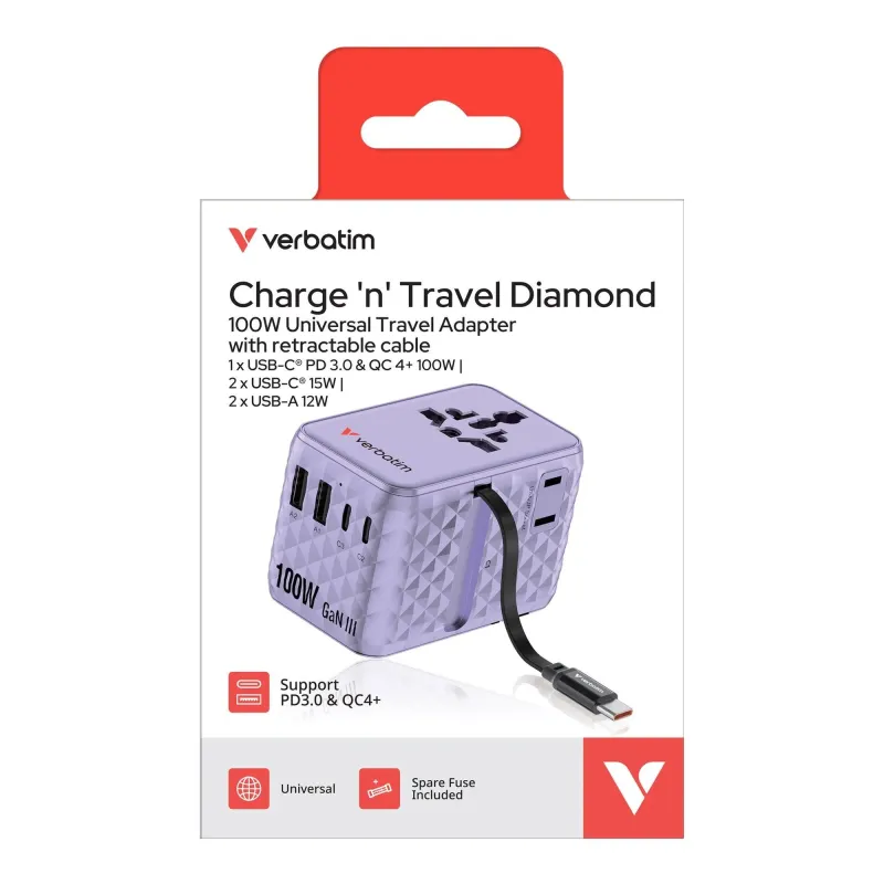 Adapter podróżny Verbatim Charge 'n' Travel GaN III globalny 1xUSB-C PD 3.0