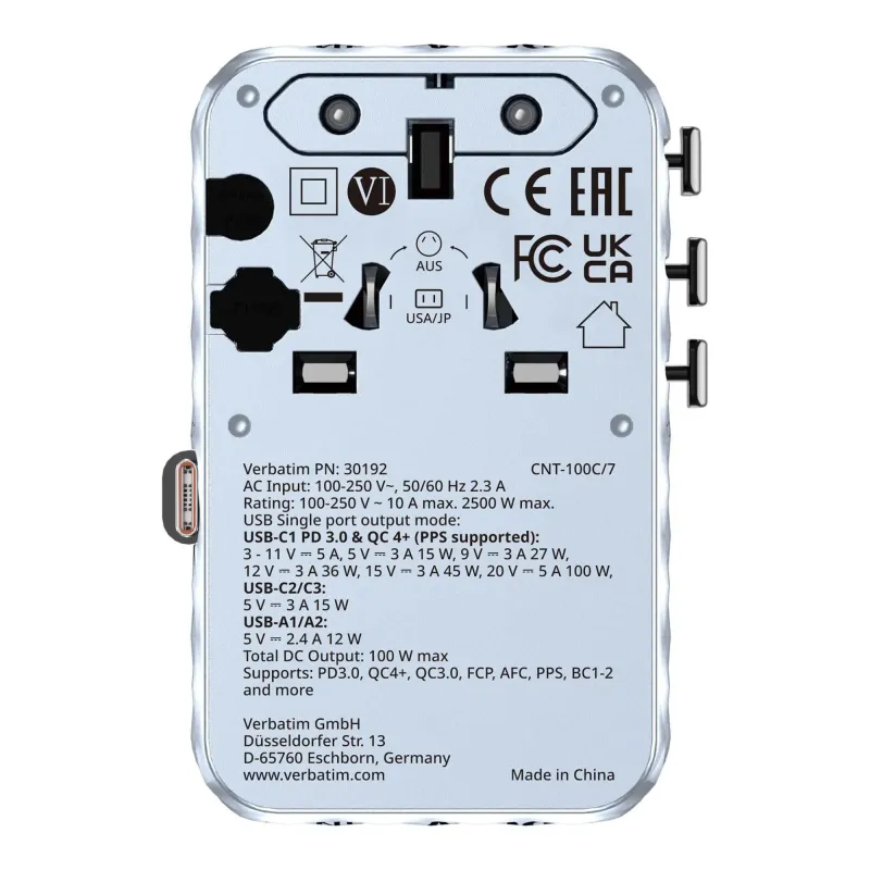 Adapter podróżny Verbatim Charge 'n' Travel GaN III globalny 1xUSB-C PD 3.0