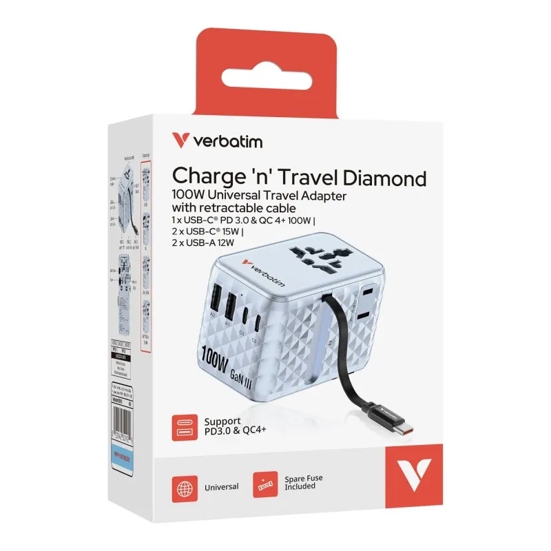 Adapter podróżny Verbatim Charge 'n' Travel GaN III globalny 1xUSB-C PD 3.0