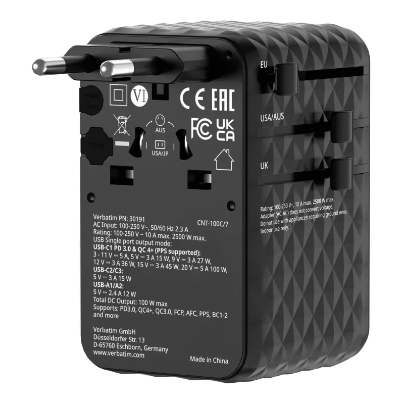 Adapter podróżny Verbatim Charge 'n' Travel GaN III globalny 1xUSB-C PD 3.0