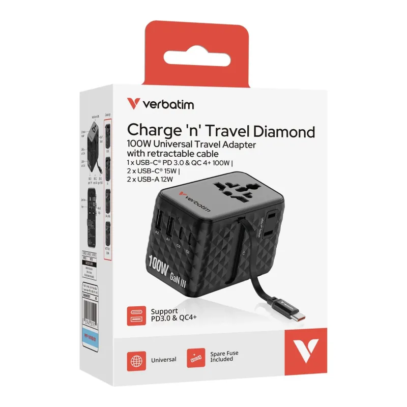 Adapter podróżny Verbatim Charge 'n' Travel GaN III globalny 1xUSB-C PD 3.0