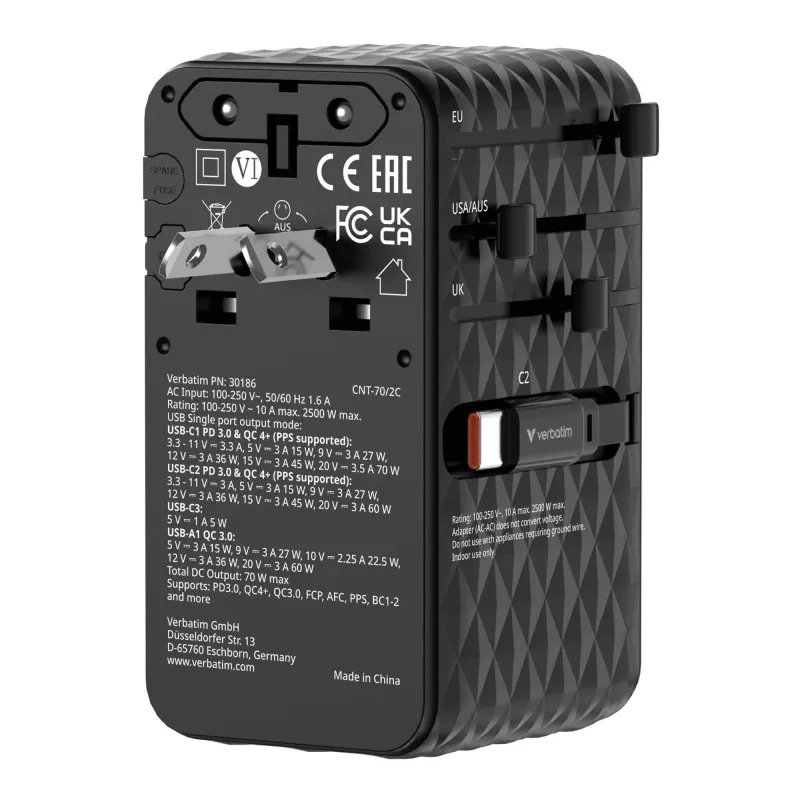 Adapter podróżny Verbatim Charge 'n' Travel GaN III globalny 1xUSB-C PD 3.0