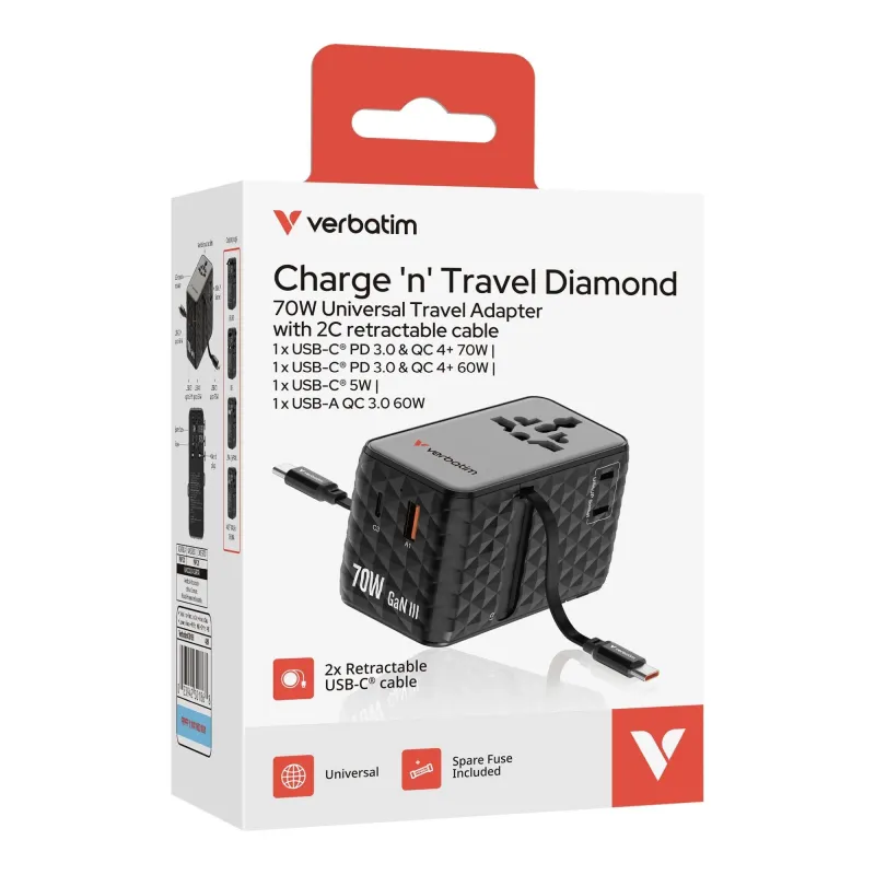 Adapter podróżny Verbatim Charge 'n' Travel GaN III globalny 1xUSB-C PD 3.0