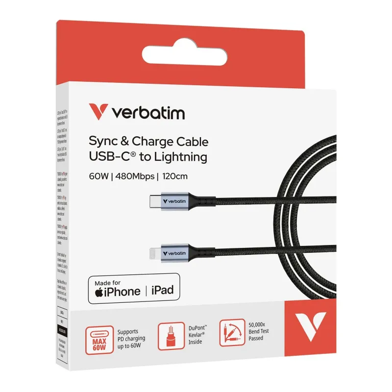 Kabel Verbatim USB-C(M) - Lightning 1,2m, 60W, czarny | PartsPC.pl