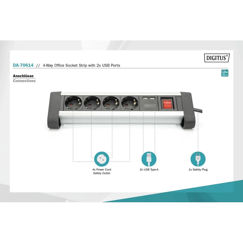 Listwa zasilająca DIGITUS biurowa 45° 4 gniazdowa 2xUSB (5V/2A) obrót 290°