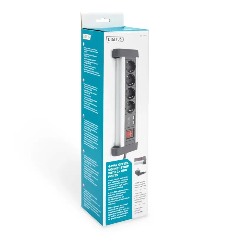 Listwa zasilająca DIGITUS biurowa 45° 4 gniazdowa 2xUSB (5V/2A) obrót 290°