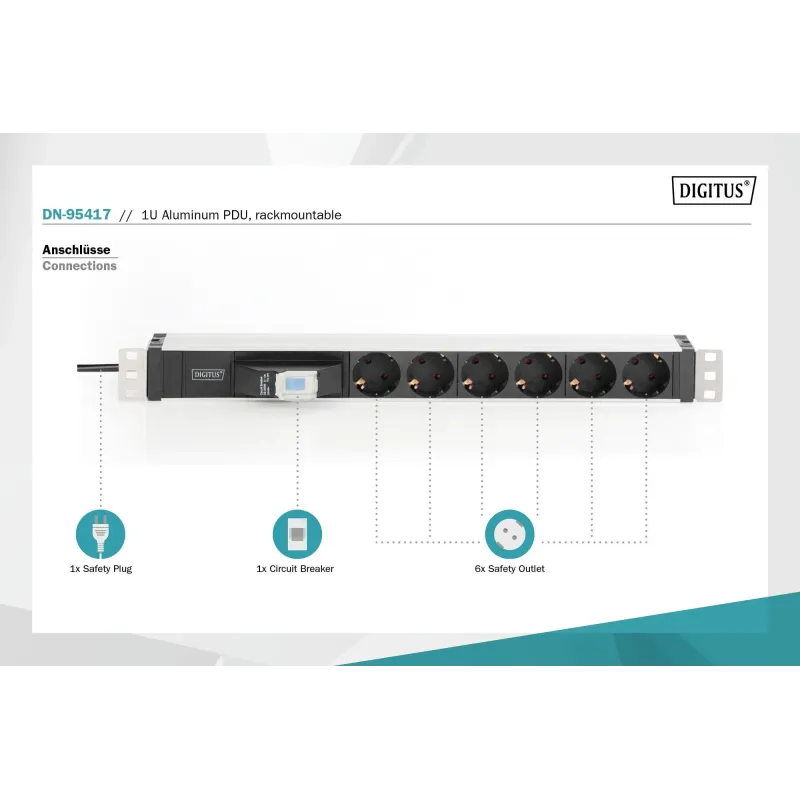Listwa zasilająca DIGITUS PDU 19" RACK 6xSchuko kabel 2m 1xSchuko 16A