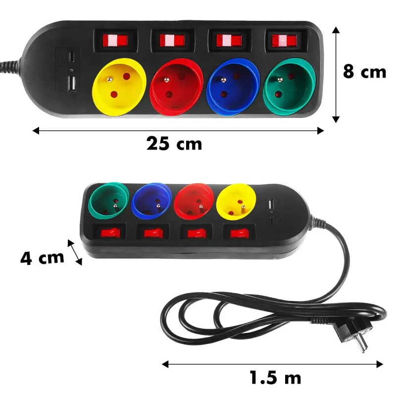 Listwa zasilająca Maclean MCE508 B przedłużacz 4 gniazda + USB A / C, z
