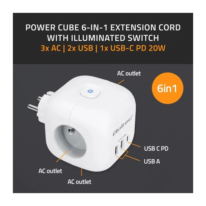 Kostka zasilająca Qoltec przedłużacz 6w1 z podświetlanym włącznikiem | 3x