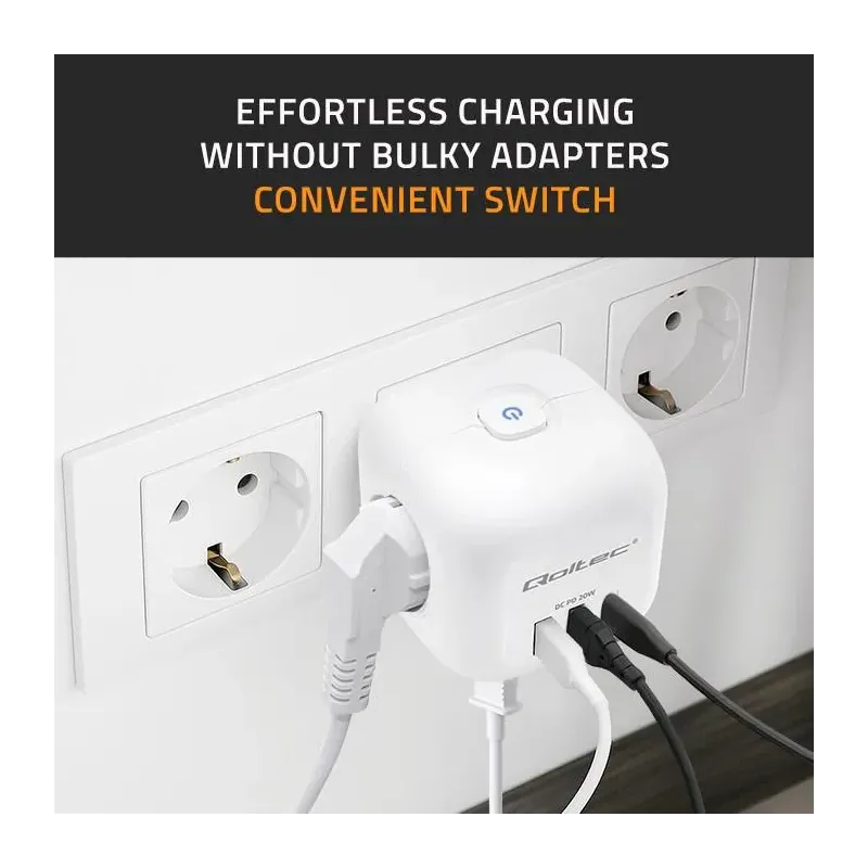 Kostka zasilająca Qoltec przedłużacz 6w1 z podświetlanym włącznikiem | 3x